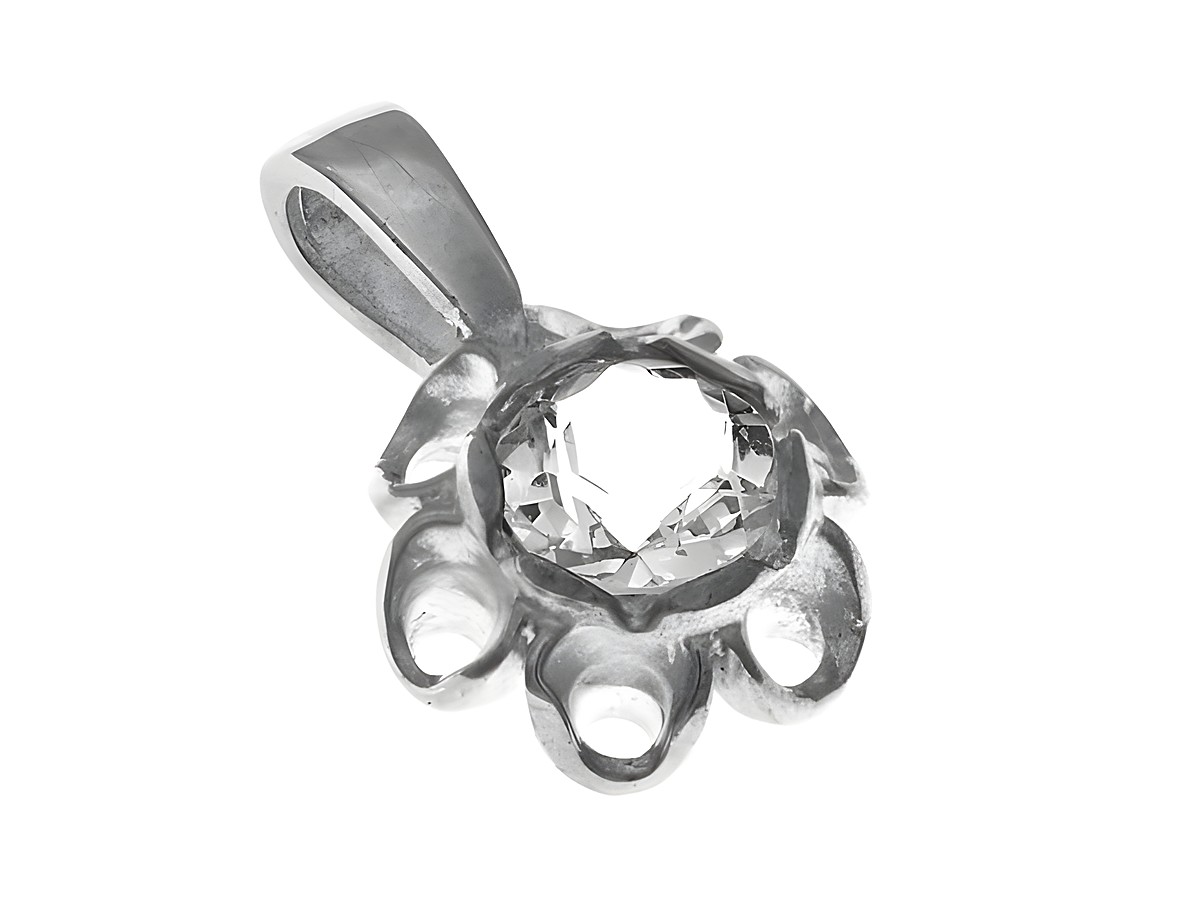 Anhänger aus Silber in kunstvollem Blumen-Design mit einem Bergkristall-Einsatz, von Juwelier Harnisch gefertigt, strahlt Eleganz und zeitlosen Schmuckstil aus.