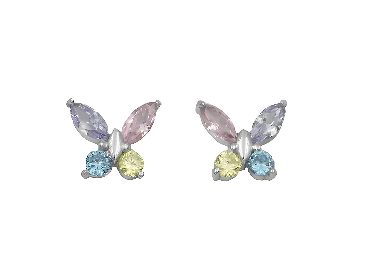 Ohrstecker Schmetterling aus 925 Sterling Silber, poliert und rhodiniert, mit bunten Zirkonia für Kinder, elegantes und fröhliches Schmuckstück.