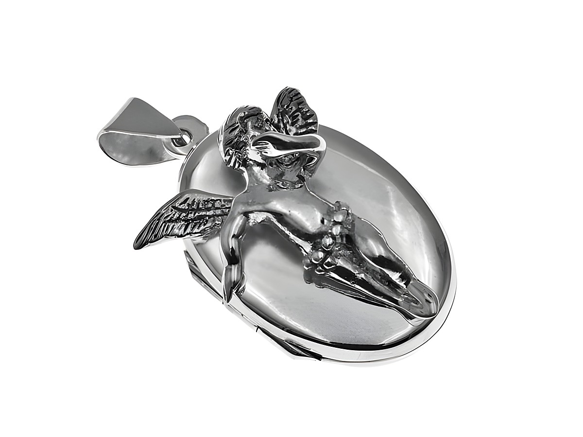 Medaillon in ovaler Form mit plastischem Schutzengel aus Sterling Silber, Hersteller Juwelier Harnisch, edles Design und detailreiche Verarbeitung.