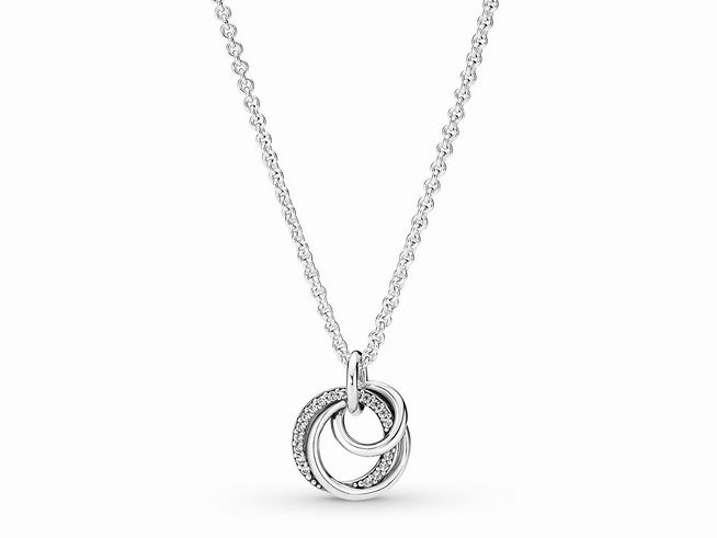 Sterling Silber Halskette von Pandora mit verschlungenem Anhänger und Zirkonia, 60 cm lang, stilvolles Design für ewige Verbundenheit.
