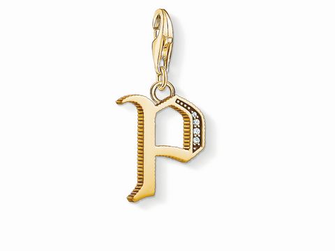 41611028-0 Charm-Anhänger in Form des Buchstabens P, vergoldet mit feinen Details und funkelnden Zirkonia-Steinen, hergestellt von Thomas Sabo, ideal für persönliche Schmuckstücke.