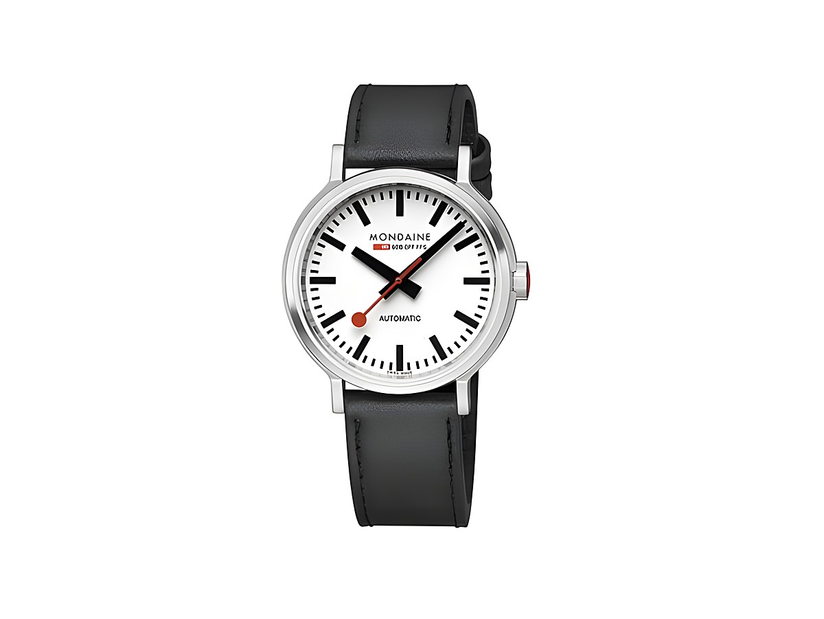 Mondaine Uhr MST.4161B.LBV evo2 Automatik in Edelstahl poliert mit 41 mm Gehäuse, schwarzem Lederarmband und weißem Zifferblatt mit roten Akzenten, bietet klassischen Stil und Automatikmechanismus.