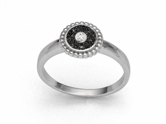 Sterling Silber Ring von DUR mit rhodiniertem Finish, verziert mit Lavasand und einem Zirkonia, Größe 52, rundes Design mit einem funkelnden Stein in der Mitte.