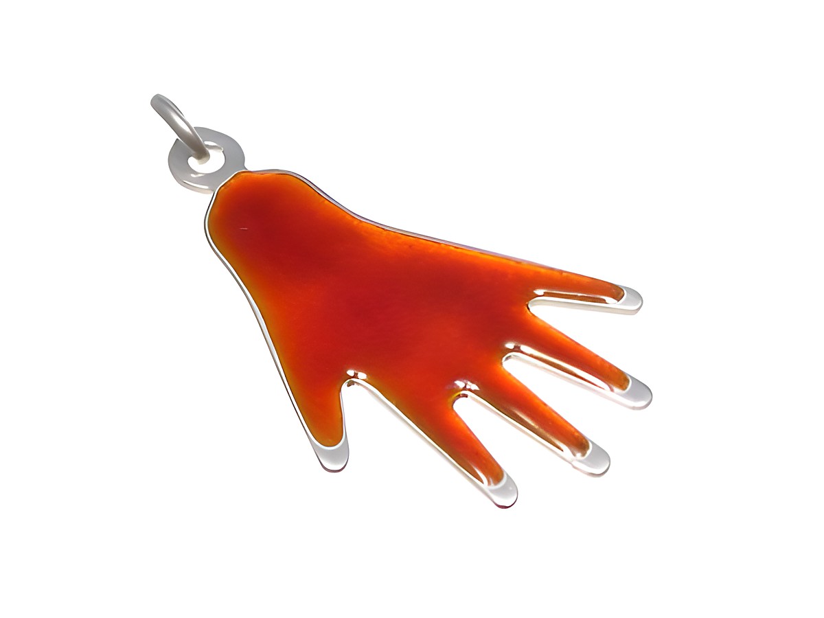 Sterling Silber Anhänger in Form einer roten Hand, emailliert, vom Hersteller Juwelier Harnisch, geeignet für Kinder. Ideal als Schmuckstück für kleine Hände.