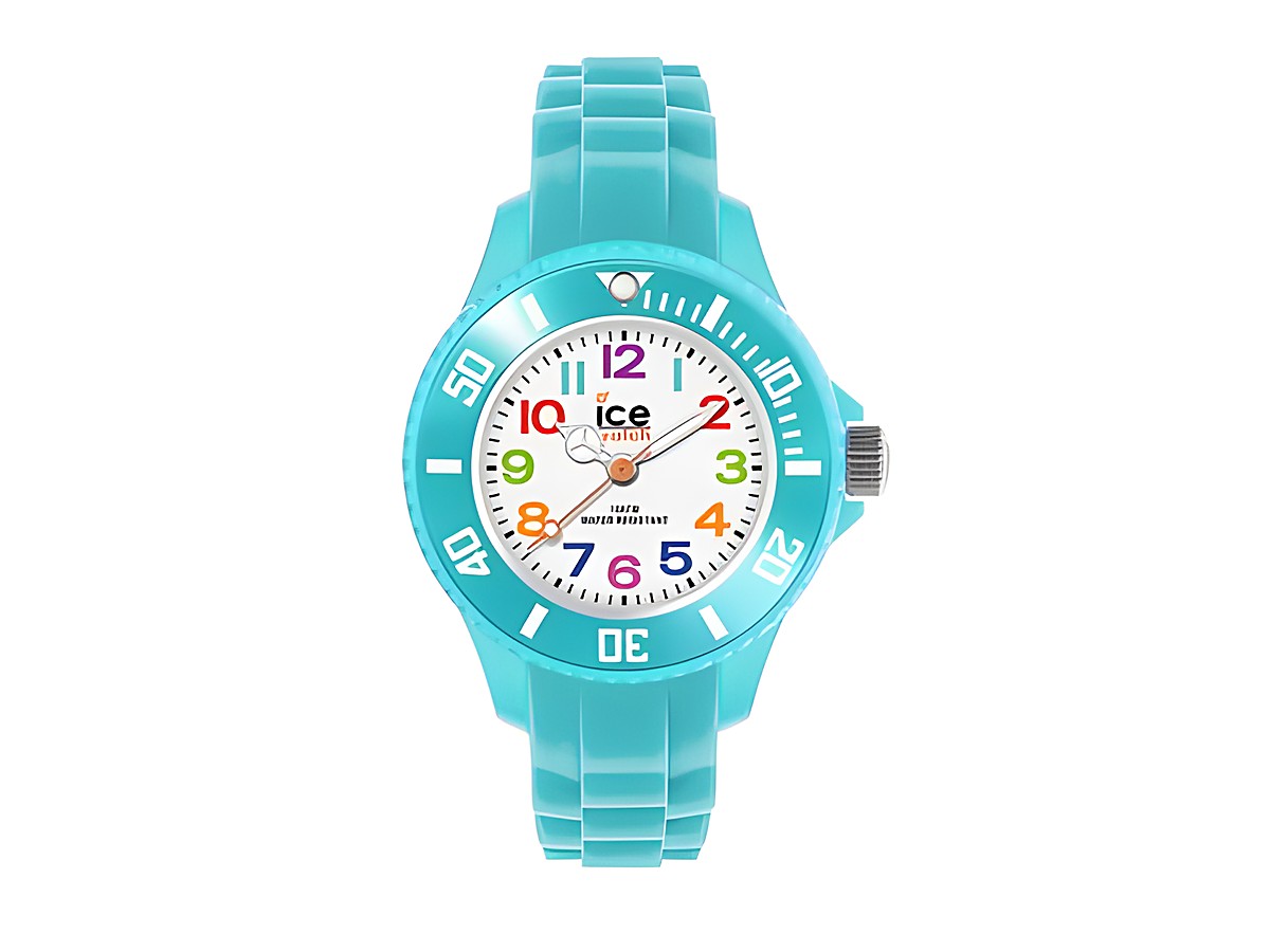 Die Ice Watch ICE mini in türkis, Extra small, Modell 012732 zeigt ein bunt gestaltetes Ziffernblatt mit großen Zahlen und einer strapazierfähigen Silikonarmband. Ideal als Kinderuhr.