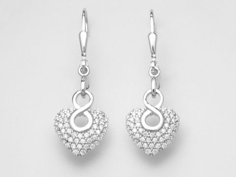 Silber Ohrringe in Herzform aus Sterling Silber mit einem Unendlichkeitssymbol, verziert mit Zirkonia, Hersteller Juwelier Harnisch, eleganter Hänger mit Stein.