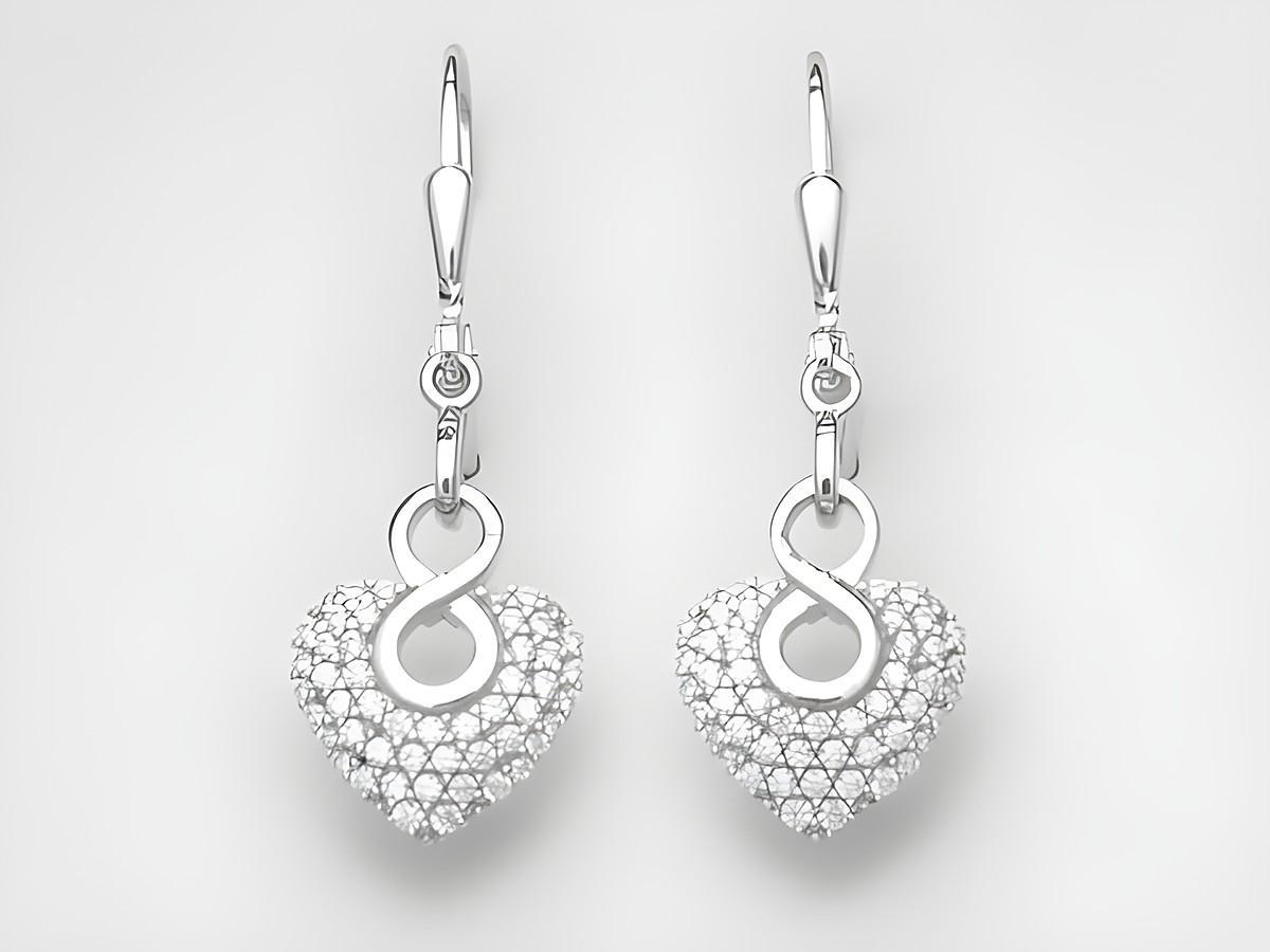 Silber Ohrringe in Herzform aus Sterling Silber mit einem Unendlichkeitssymbol, verziert mit Zirkonia, Hersteller Juwelier Harnisch, eleganter Hänger mit Stein.