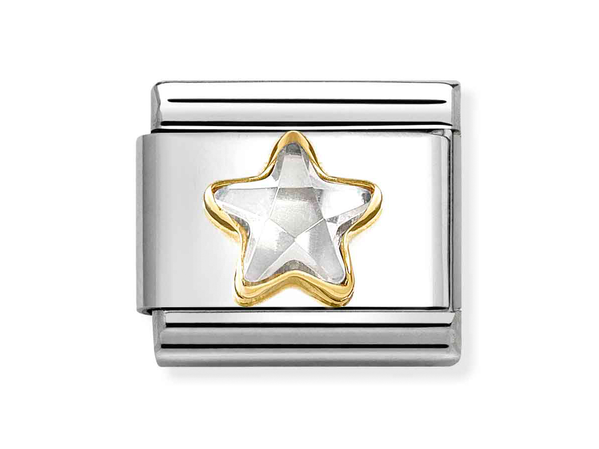 Stern Anhänger mit Zirkonia in klassischem Gold, umrahmt von seinem silbernen Rahmen, für elegante Armbänder von Nomination, Neuheiten der Kollektion.