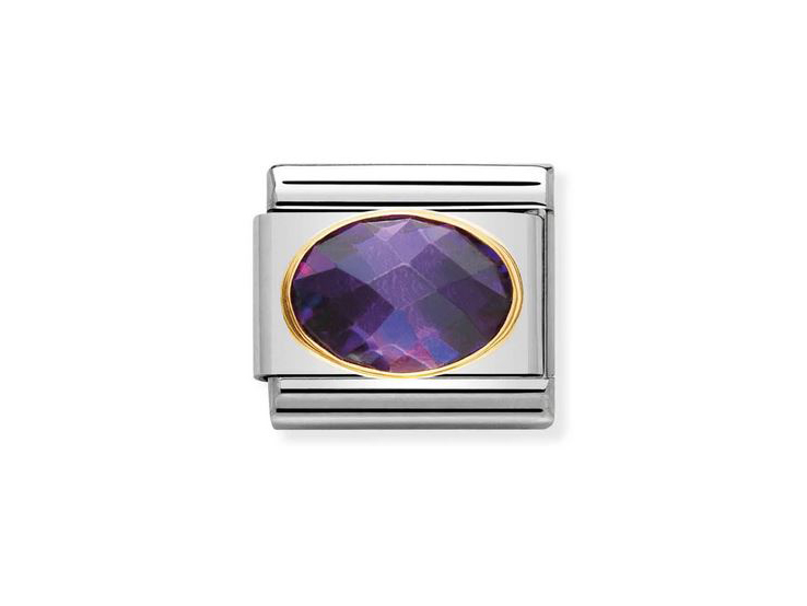 Der Zirkonia FACETT in VIOLETT von Nomination hat eine ovale Form und funkelt durch die facettierte Oberfläche. Er ist in ein silbernes und goldenes Gehäuse eingefasst. Ideal für Schmuckliebhaber.