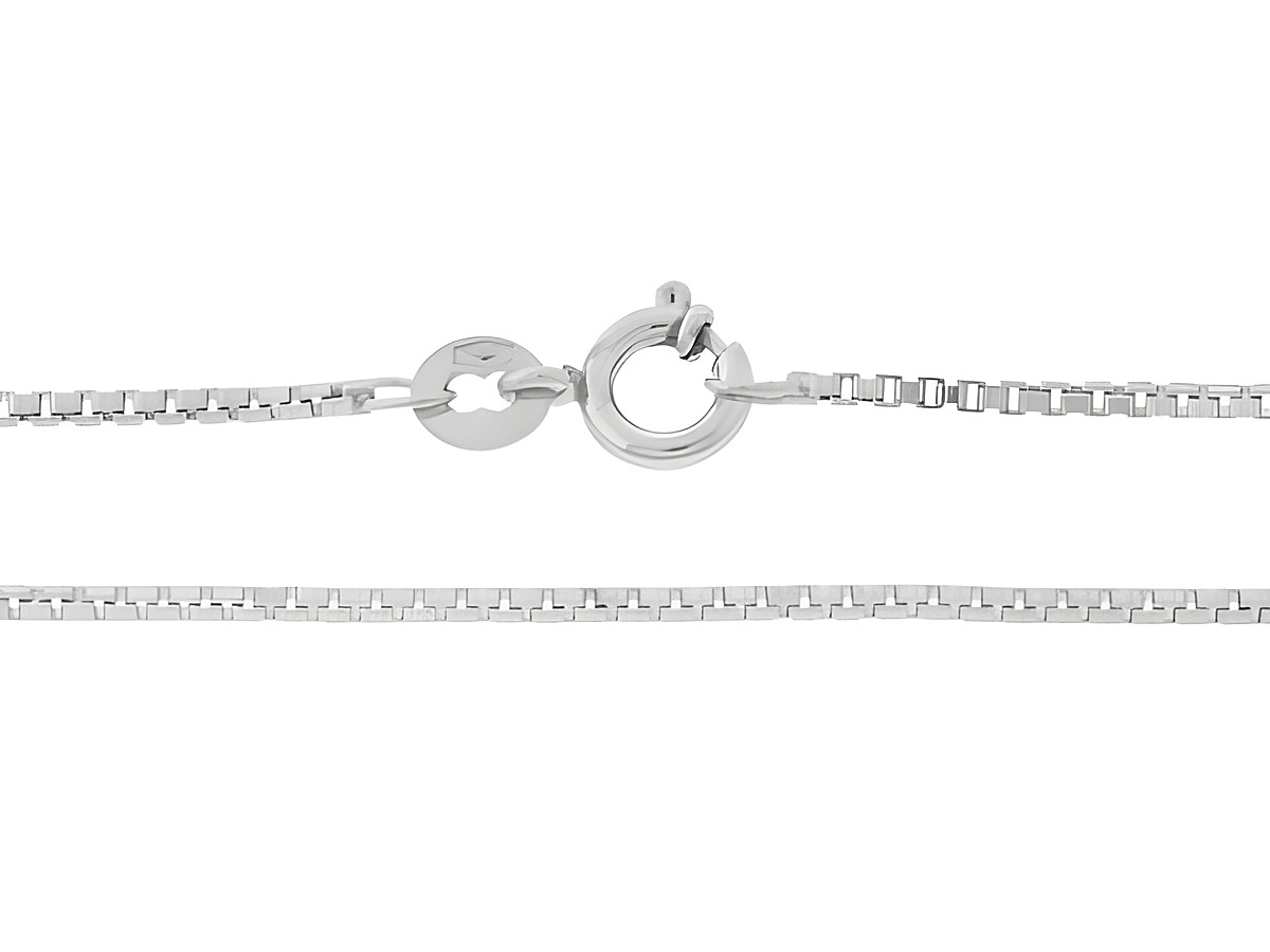 Veneziakette 585 Weißgold mit einer Länge von 36 cm und einer Stärke von 1,2 x 1,2 mm, ausgestattet mit einem Federringverschluss, Hersteller Juwelier Harnisch.