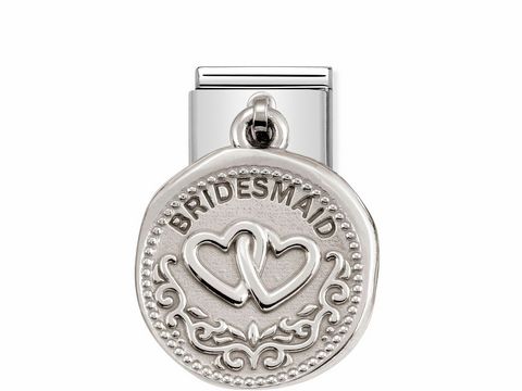 Herzanhänger aus Silber, geprägt mit dem Wort TRAUZEUGIN und zwei verbundenen Herzen, gefertigt von Nomination im SilverShine Design für besondere Anlässe.
