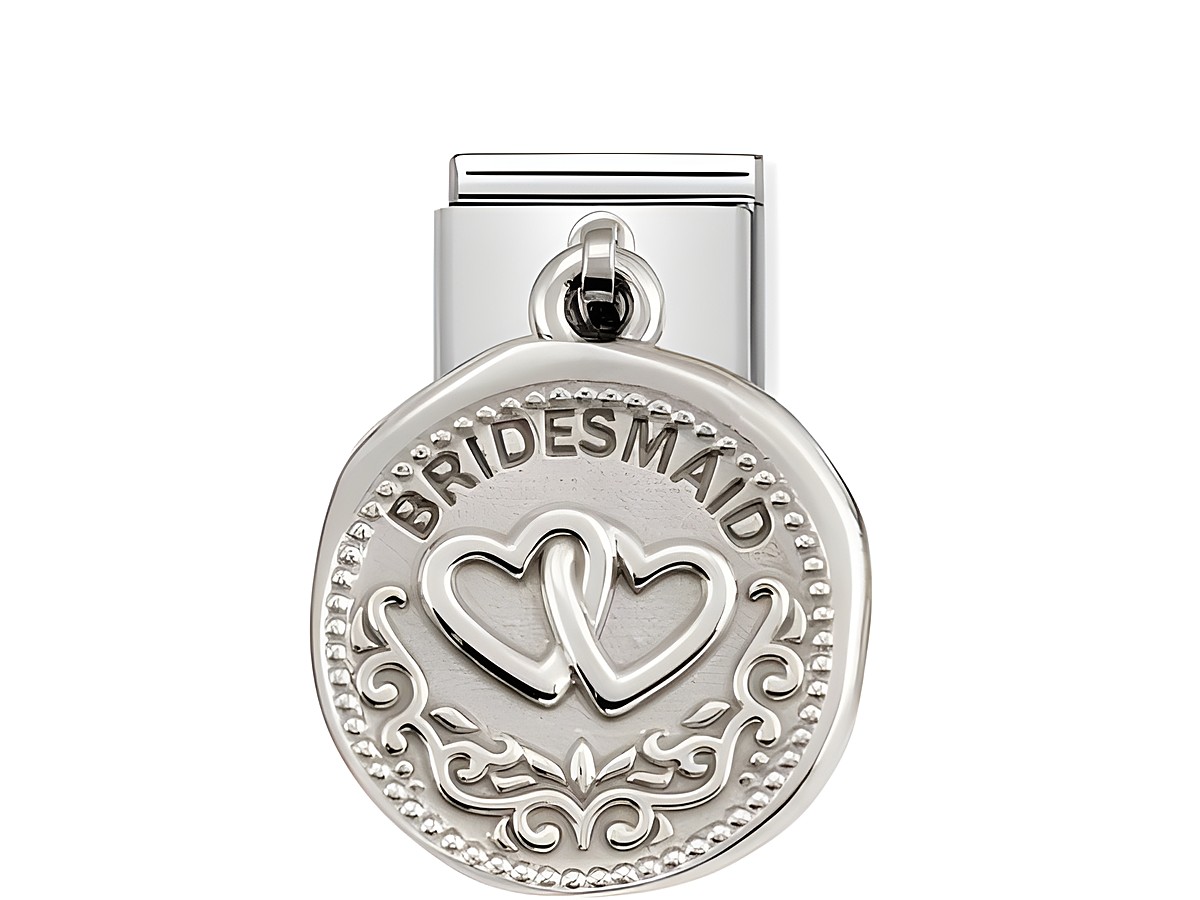 Herzanhänger aus Silber, geprägt mit dem Wort TRAUZEUGIN und zwei verbundenen Herzen, gefertigt von Nomination im SilverShine Design für besondere Anlässe.