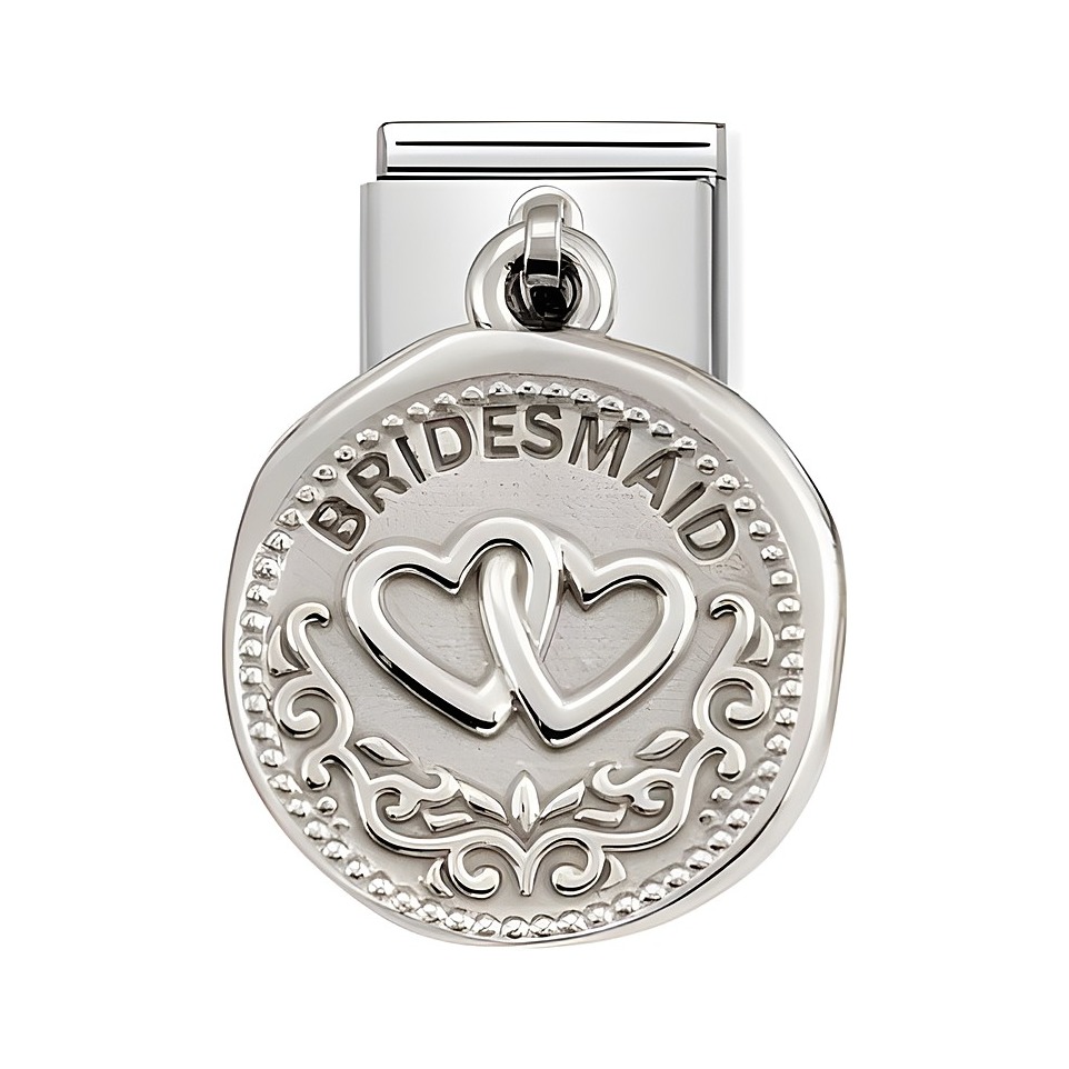 Herzanhänger aus Silber, geprägt mit dem Wort TRAUZEUGIN und zwei verbundenen Herzen, gefertigt von Nomination im SilverShine Design für besondere Anlässe.
