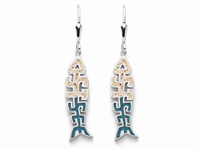 DUR Ohrringe Fischgräte Ostsee O5471 aus rhodiniertem Sterling Silber, kunstvoll gestaltete Fischform in Blau und Gold, idealer Schmuck für maritimen Stil.