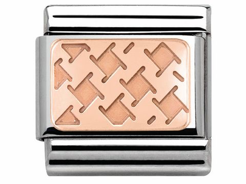 Roségoldenes Piedipull-Element von Nomination mit einem stilvollen Muster auf der Vorderseite, umgeben von einer eleganten silbernen Fassung, ideal für individuelle Armbänder.