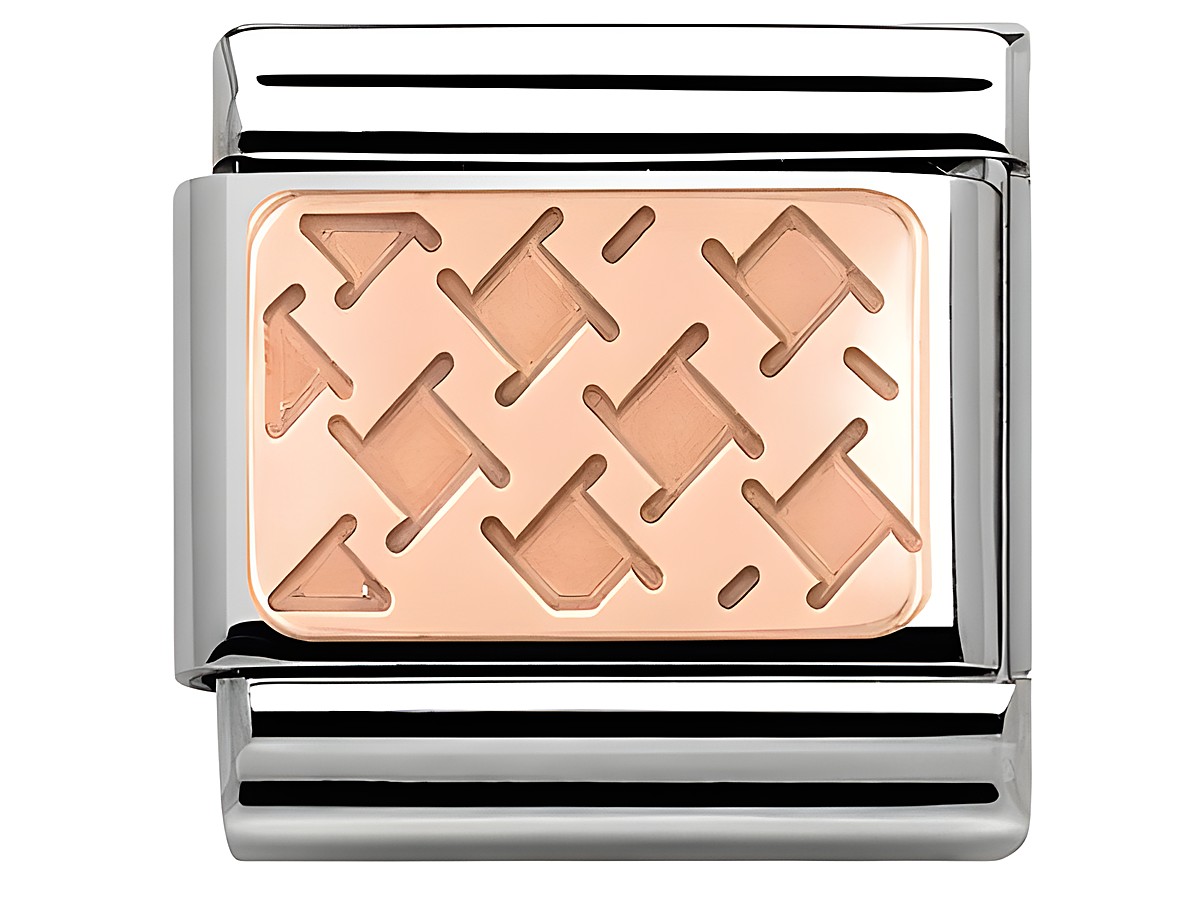 Roségoldenes Piedipull-Element von Nomination mit einem stilvollen Muster auf der Vorderseite, umgeben von einer eleganten silbernen Fassung, ideal für individuelle Armbänder.