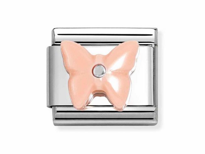 433050914-0 Schmetterlingsmotiv in Rosa und Zirkonia auf silberner Basis von Nomination, ideal für individuelles Schmuckdesign im Silvershine Stil. Perfekt als charmante Ergänzung für Armbänder.