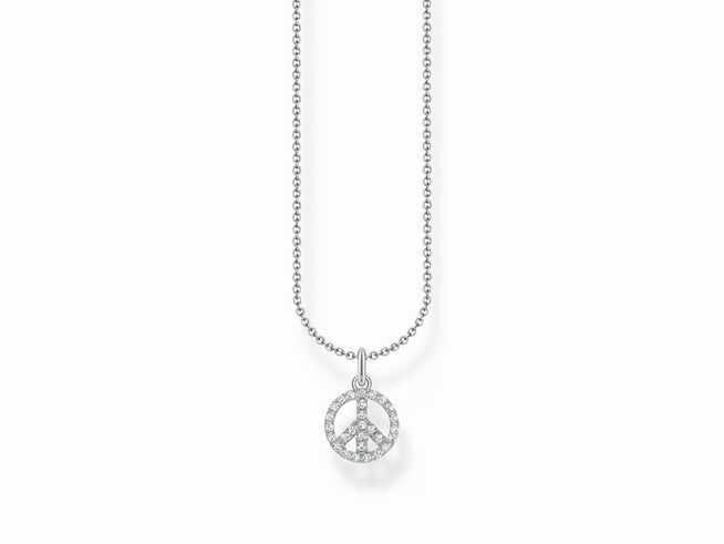 Kette von Thomas Sabo aus Sterling Silber mit einem Zirkonia-Anhänger in Form eines Peace-Zeichens, Länge 45 cm, schlicht und stilvoll für jeden Anlass.