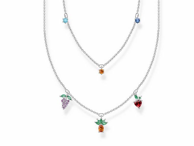Thomas Sabo Kette KE2098-477-7-L45V in Silber mit bunten Glas-Keramik Steinen, synth. Korund und Zirkonia, dreifach, Schmuck mit fruchtigen Anhängern.