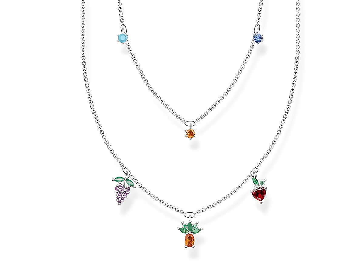 Thomas Sabo Kette KE2098-477-7-L45V in Silber mit bunten Glas-Keramik Steinen, synth. Korund und Zirkonia, dreifach, Schmuck mit fruchtigen Anhängern.