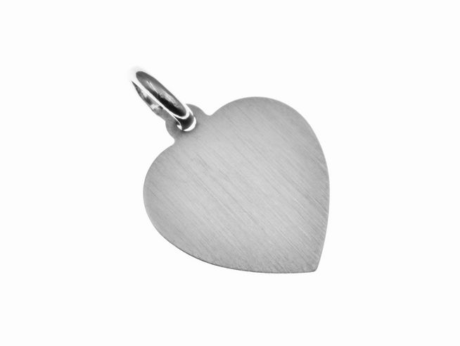 Gravurplatte Herz Anhänger aus rhodiniertem, mattiertem Sterling Silber mit einem Durchmesser von 1,7 cm, schlichtes Design, ideal zum Gravieren, Hersteller Juwelier Harnisch.