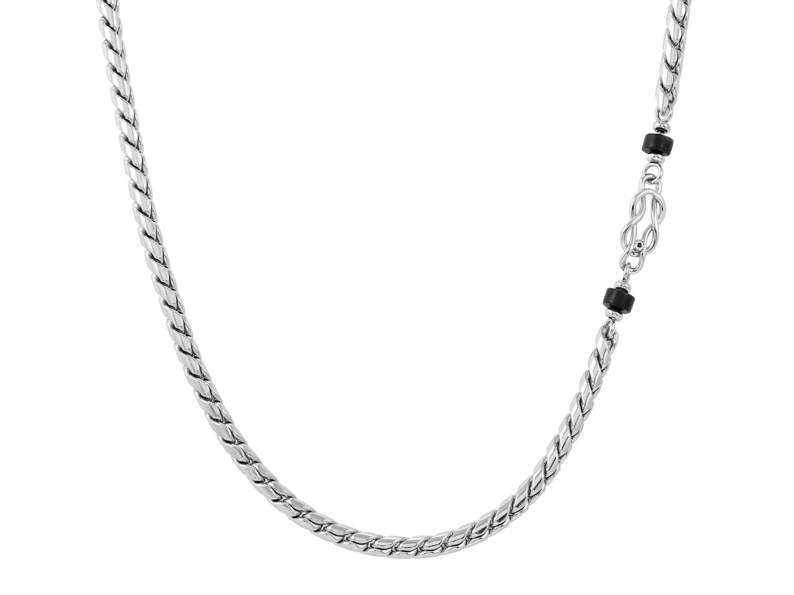 Halskette von Nomination in der ATLANTE STONES EDITION, Länge 55-60 cm, gefertigt aus silberfarbenem Material mit schwarzen Achat-Knoten-Elementen, modern und elegant.