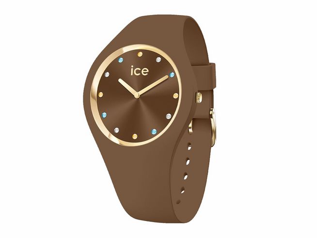 Die Ice watch 022285 - ICE cosmos Cappuccino in Braun, Größe Small zeigt ein schlichtes, elegantes Zifferblatt mit goldfarbenen Zeigern und farbigen Marken auf einem braunen Silikonarmband.