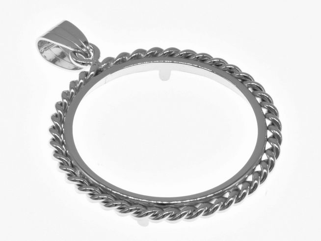 Münzfassung Anhänger aus rhodiniertem 925 Sterling Silber mit Kordel-Design, maximaler Durchmesser für Münzen 27 mm, passend für Münzen bis 3,0 cm, Hersteller Juwelier Harnisch.