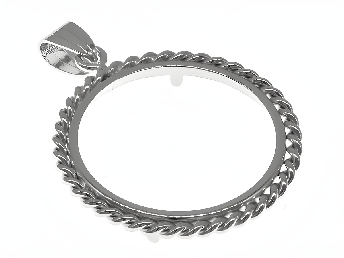 Münzfassung Anhänger aus rhodiniertem 925 Sterling Silber mit Kordel-Design, maximaler Durchmesser für Münzen 27 mm, passend für Münzen bis 3,0 cm, Hersteller Juwelier Harnisch.