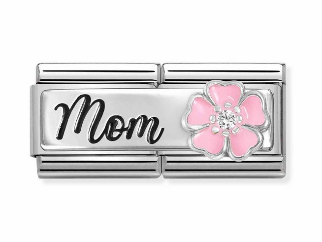 433073420-0 Silbernes Charm mit der Aufschrift Mom, verziert mit einer pinken Blume und Zirkonia. Elegante Gestaltung, ideal für einen besonderen Anlass oder als Geschenk für Mütter.