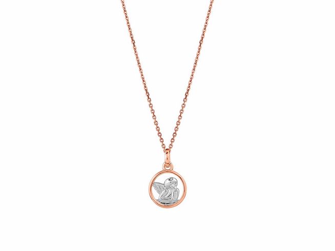 Xenox Sterling Silber Kette XS3500RK mit rosegold vergoldeter Ankerkette, 36-38 cm, zeigt einen Schutzengel-Anhänger in einem runden Rahmen aus Silber und Roségold.
