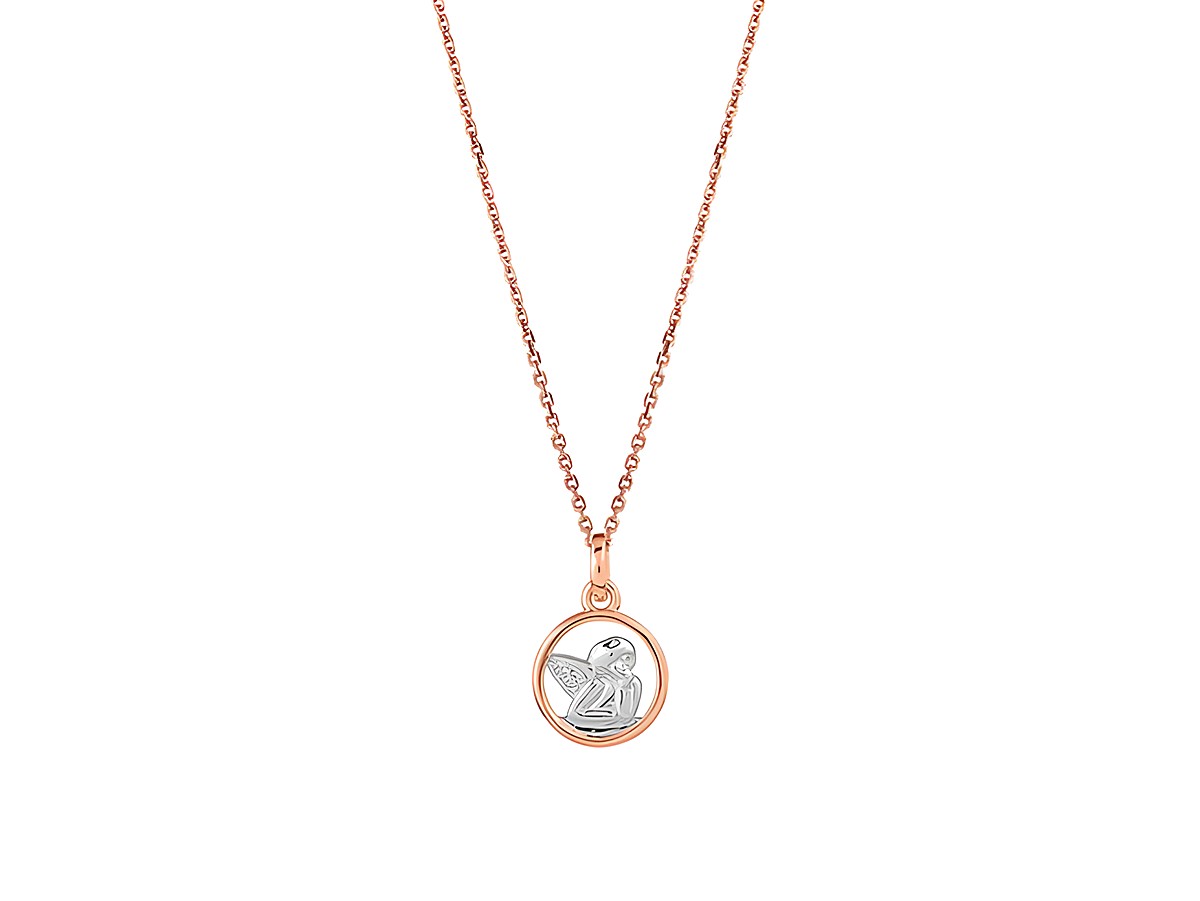 Xenox Sterling Silber Kette XS3500RK mit rosegold vergoldeter Ankerkette, 36-38 cm, zeigt einen Schutzengel-Anhänger in einem runden Rahmen aus Silber und Roségold.