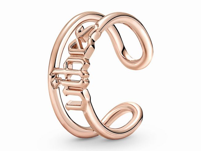 Vibes offener Ring von Pandora in Roségold-Vergoldung, verstellbar, Größe 52. Elegantes Design mit geschwungenen Linien und stilvoller Schrift. Ideal für jeden Anlass.