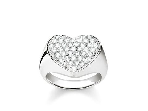 Silberner Ring von Thomas Sabo in Größe 54 mit herzförmigem Zirkonia-Besatz in Weiß aus Sterling Silber, Modell TR2084-051-14-54.