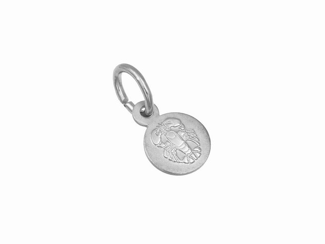 Silber Anhänger mini Sternzeichen Krebs teilmattiert rhodiniert rund vom Hersteller Juwelier Harnisch zeigt das Krebs-Symbol eingraviert auf einer runden Platte.