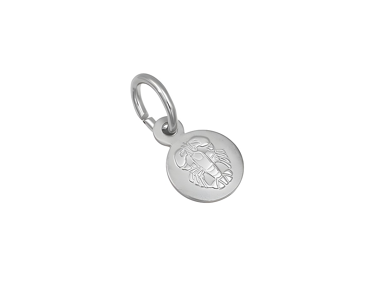 Silber Anhänger mini Sternzeichen Krebs teilmattiert rhodiniert rund vom Hersteller Juwelier Harnisch zeigt das Krebs-Symbol eingraviert auf einer runden Platte.