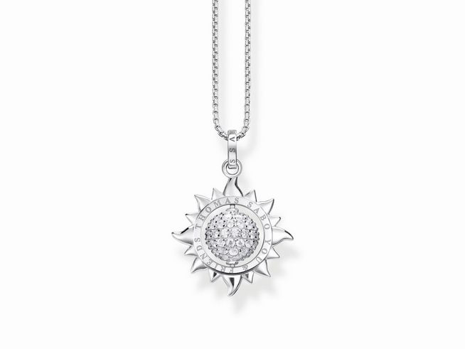 Elegante Thomas Sabo Kette mit auffälligem Anhänger in Form einer Sonne aus Silber, verziert mit glitzernden Zirkonia-Steinen, ideal für stilvolle Akzente.