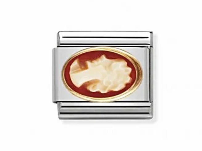 Ovales Kamee Element von Nomination in klassischem Design, mit einem eleganten abgebildeten Motiv auf rotem Hintergrund, umrahmt von einem goldfarbenen Rand, ideal für Schmuckliebhaber.