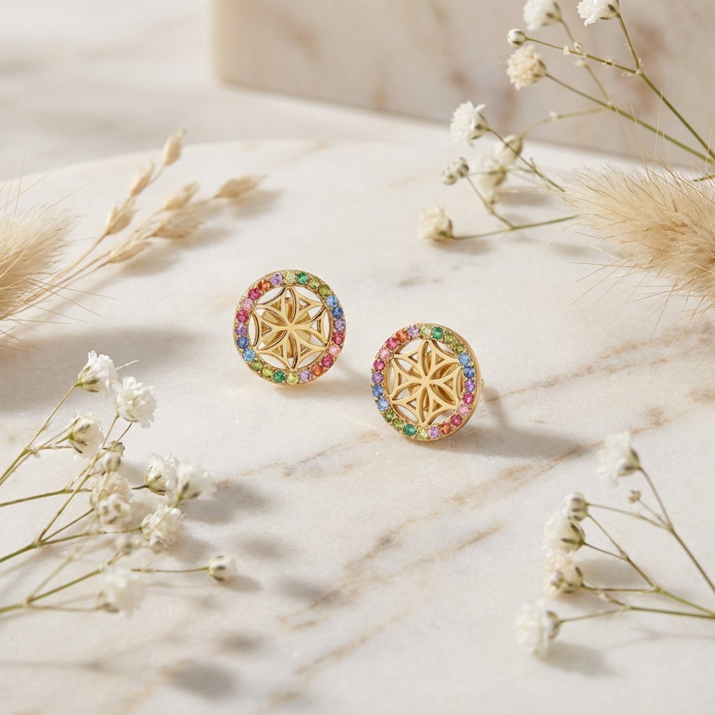 Engelsrufer LEBENSBLUME Ohrstecker - mit Zirkonia Multicolor Gelbgold vergoldet auf Silber 10 mm – Ansicht 4