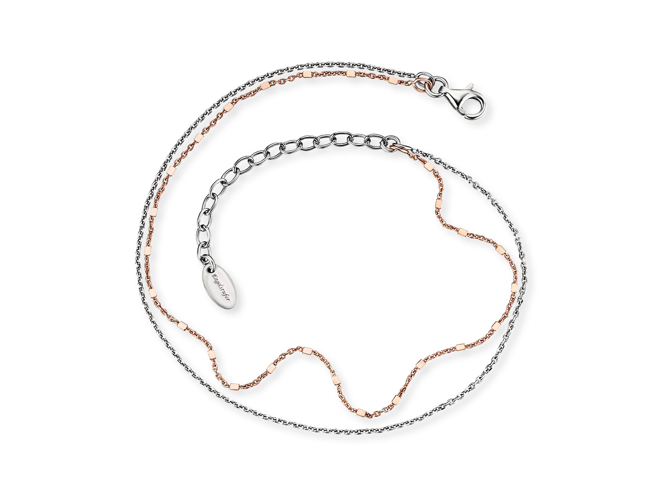 Engelsrufer ERF-LILTWIN-BICOR FUßKETTE Fußkettchen Twin Bicolor - Roségold Verg. auf Silber 22 cm Fußkette Twin Bicolor von Engelsrufer aus Roségold und Silber, 22 cm lang, mit filigranen, ineinander verschlungenen Ketten und einem praktischen Karabinerverschluss.
