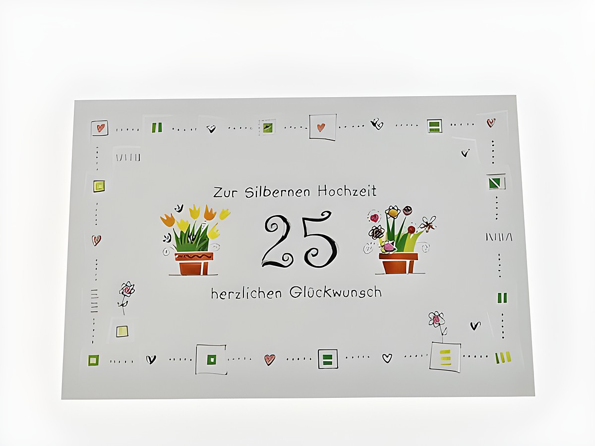 Hochzeitskarte zur Silbernen Hochzeit mit der Aufschrift 25 herzlichen Glückwunsch, umgeben von bunten Blumentöpfen und dekorativen Elementen in sanften Farben, hergestellt von Juwelier Harnisch.