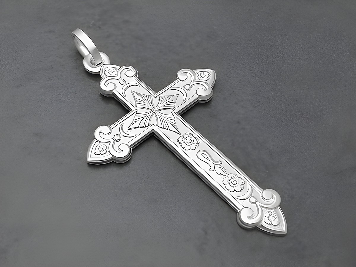 Kreuz poliert und nostalgisch aus Sterling Silber, 44 mm groß, mit feinem Muster verziert, von Juwelier Harnisch. Ideal als Schmuckstück oder Geschenk.