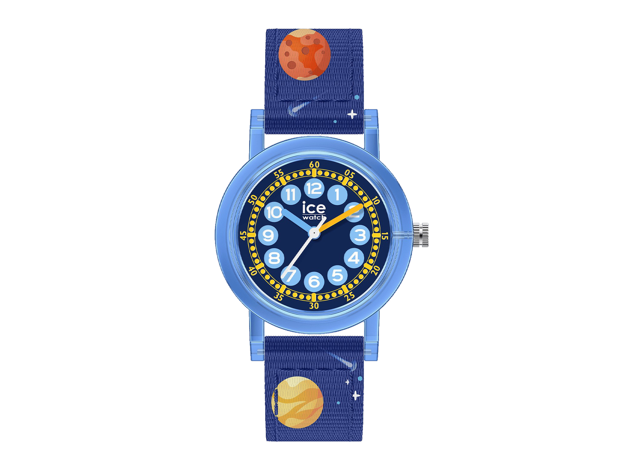 Ice Watch 024500 ICE Learning Uhr in Blau, Extra Small, mit einem bunten Planetendesign auf dem Textilarmband und einem klaren Ziffernblatt zur einfachen Ablesbarkeit.