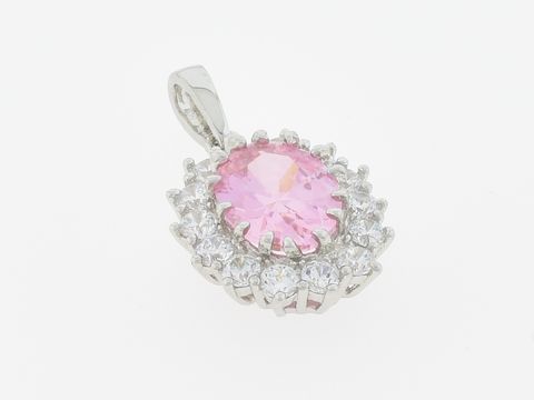 Silber Anhänger oval ausdruckstark mit pinkem Zirkonia im Zentrum, umgeben von glitzerndem Zirkonia, Hersteller Juwelier Harnisch, ideal für edle Anlässe.