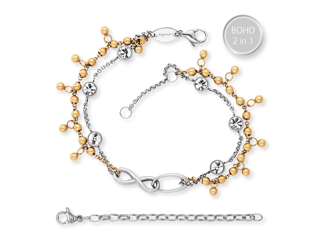 Engelsrufer ERBS-INFINITY-ZI-BI BOHO Armband in Bicolor aus Edelstahl mit Infinity-Anhänger und dekorativen Details, Länge 17 cm, elegant und modern im Boho-Stil.