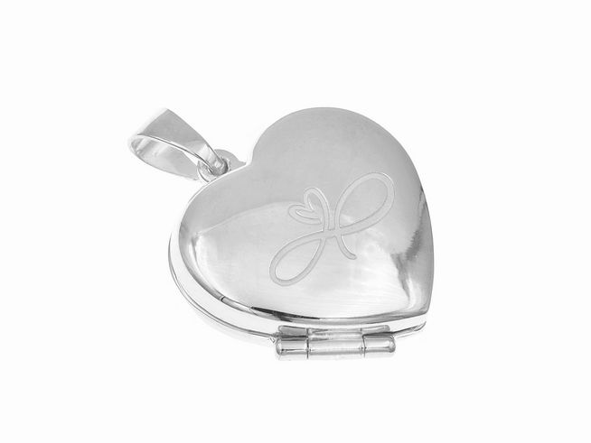 Medaillon Anhänger Unendlichkeit in Form eines Herzens aus rhodiniertem Sterling Silber, hergestellt von Juwelier Harnisch, elegantes Design mit fein graviertem Symbol.