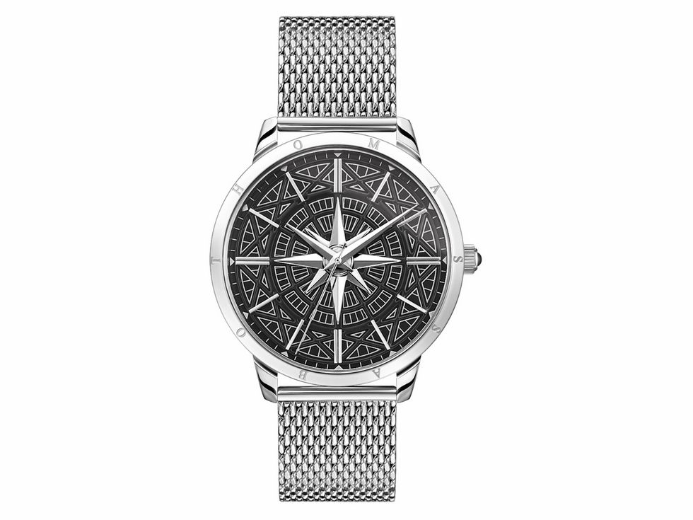 Thomas Sabo Herrenuhr mit Edelstahlgehäuse und Edelstahlband, schwarzes Zifferblatt mit geometrischem Muster und silbernen Zeigern, sportlich und elegant. Modell WA0349-201-203.