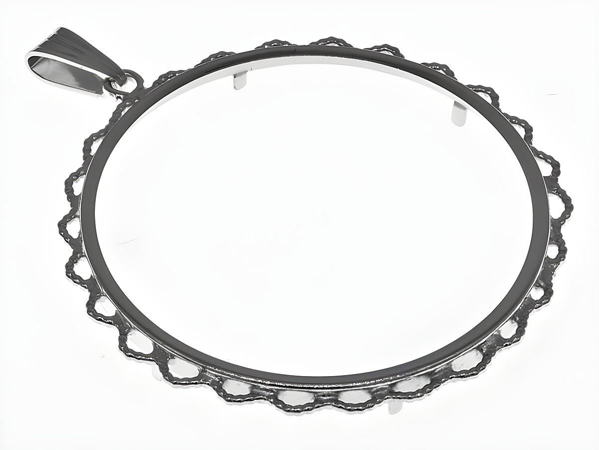 Münzfassung Anhänger aus echtem Silber rhodiniert mit einer maximalen Münzgröße von 40,8 mm. Der Anhänger hat eine dekorative Blütenkordel und ist für Münzen über 4,0 cm Durchmesser geeignet.