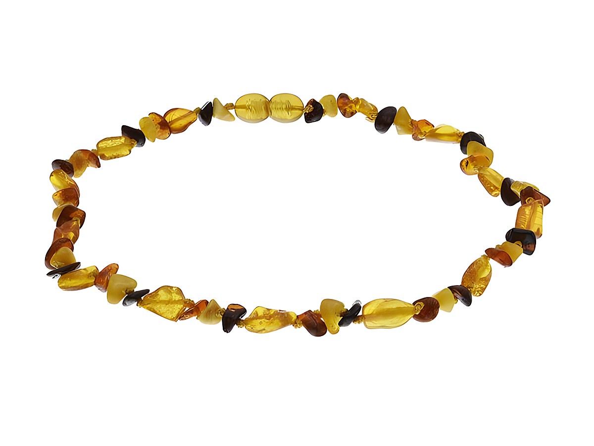 Bunt gefärbte Baby Bernsteinkette in Nuggetform mit einer Länge von 36 cm, hergestellt von Juwelier Harnisch, ideal für Babys.