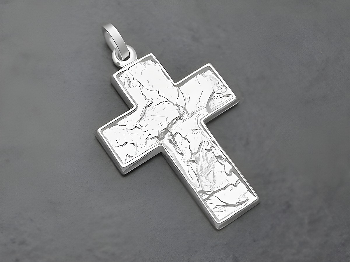 Silber Kreuz Designermuster Sterling Silber Anhänger mit einem besonderen Muster, 28 mm groß, hergestellt von Juwelier Harnisch, elegant und zeitlos.